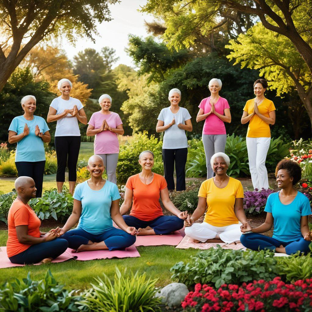A serene and uplifting scene depicting a diverse group of cancer survivors engaged in various healthy lifestyle activities, such as yoga, gardening, and cooking nutritious meals. The image should convey hope and resilience, featuring vibrant colors and nature in the background to symbolize growth and recovery. Incorporate elements like supportive friendships and community engagement, capturing the essence of thriving post-cancer. super-realistic. vibrant colors. warm lighting.