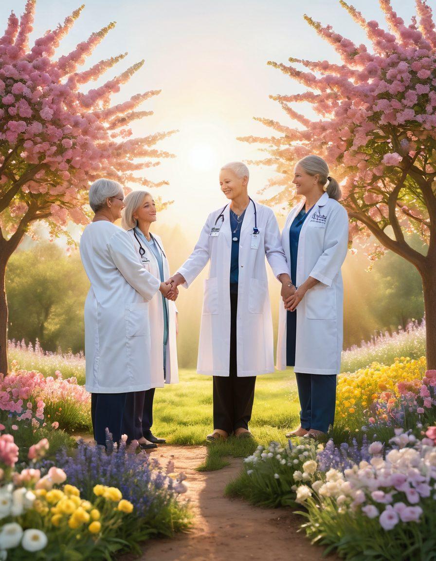 A serene landscape symbolizing hope, featuring a diverse group of cancer survivors together, holding hands in a circle surrounded by blooming flowers and a radiant sun shining above. In the background, a comforting healthcare environment with a gentle healthcare professional in a lab coat offering support. Include soft pastel colors to create a calming atmosphere. super-realistic. vibrant colors. white background.